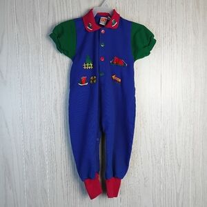 VTG  McKids Romper Infants month Blue Embordered Camping 90s color toddler